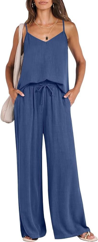 ANRABESS Women's 2 Piece Outfits Linen Sleeveless Tops Drawstring Wide Leg Pants Matching Lounge ... | Amazon (US)