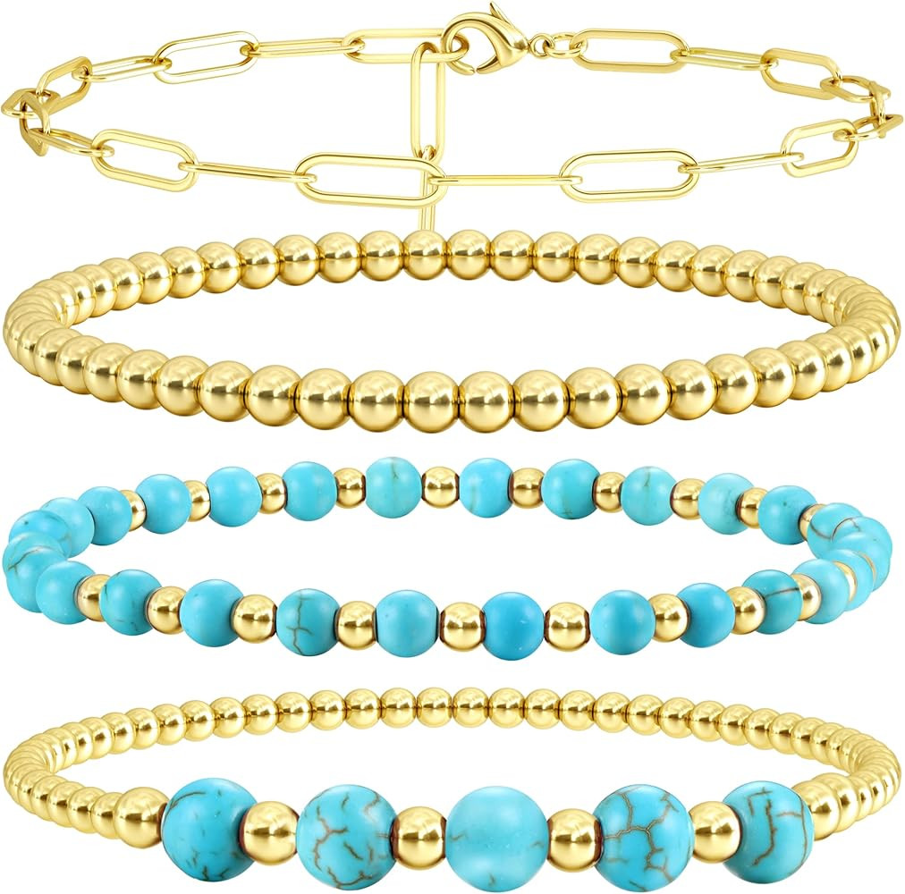Sanfenly Gold Beaded Bracelets for Women, 14k Real Gold Plated Bead Stretch Stackable Stacked Sta... | Amazon (US)