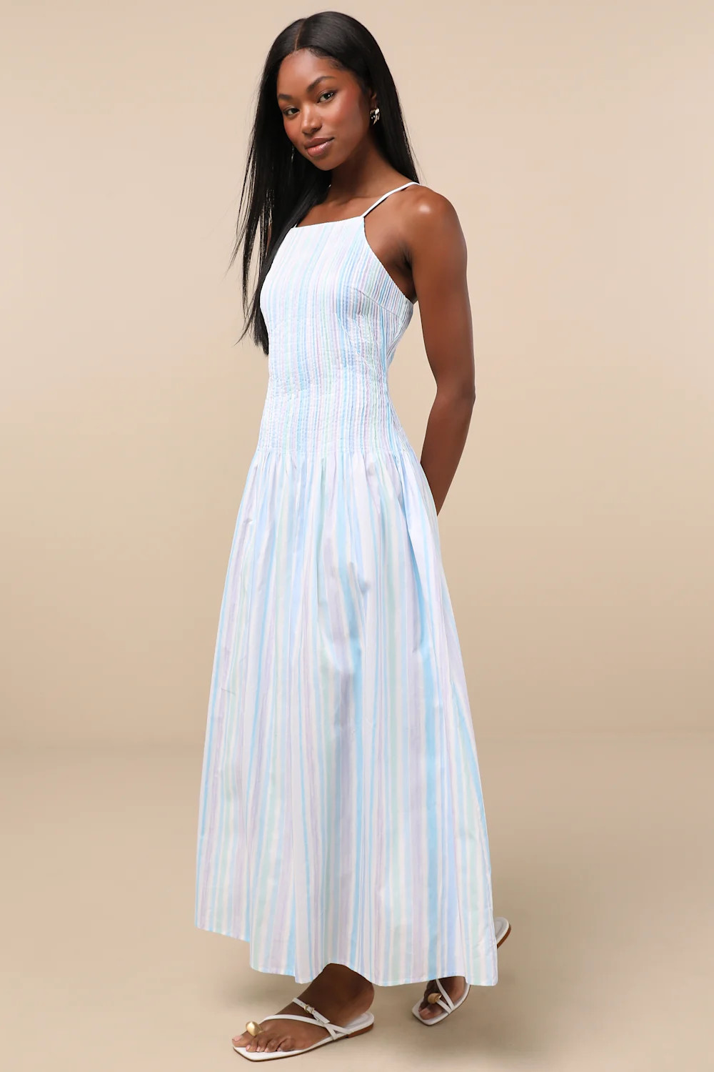 Jalessa Light Blue Multi Striped Drop Waist Midi Dress | Lulus