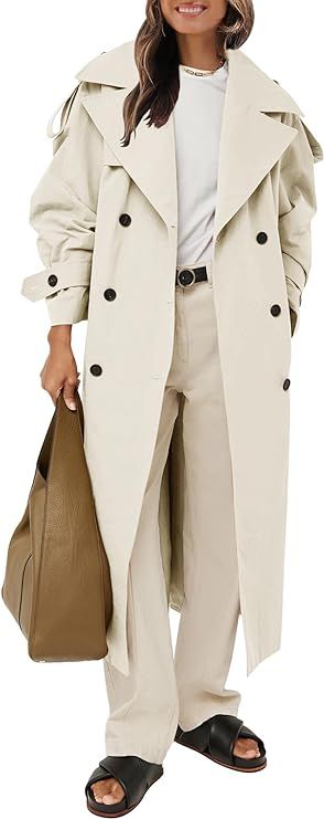Farktop Womens Oversized Long Trench Coat Double Breasted Lapel Windproof Overcoat with Belt | Amazon (US)