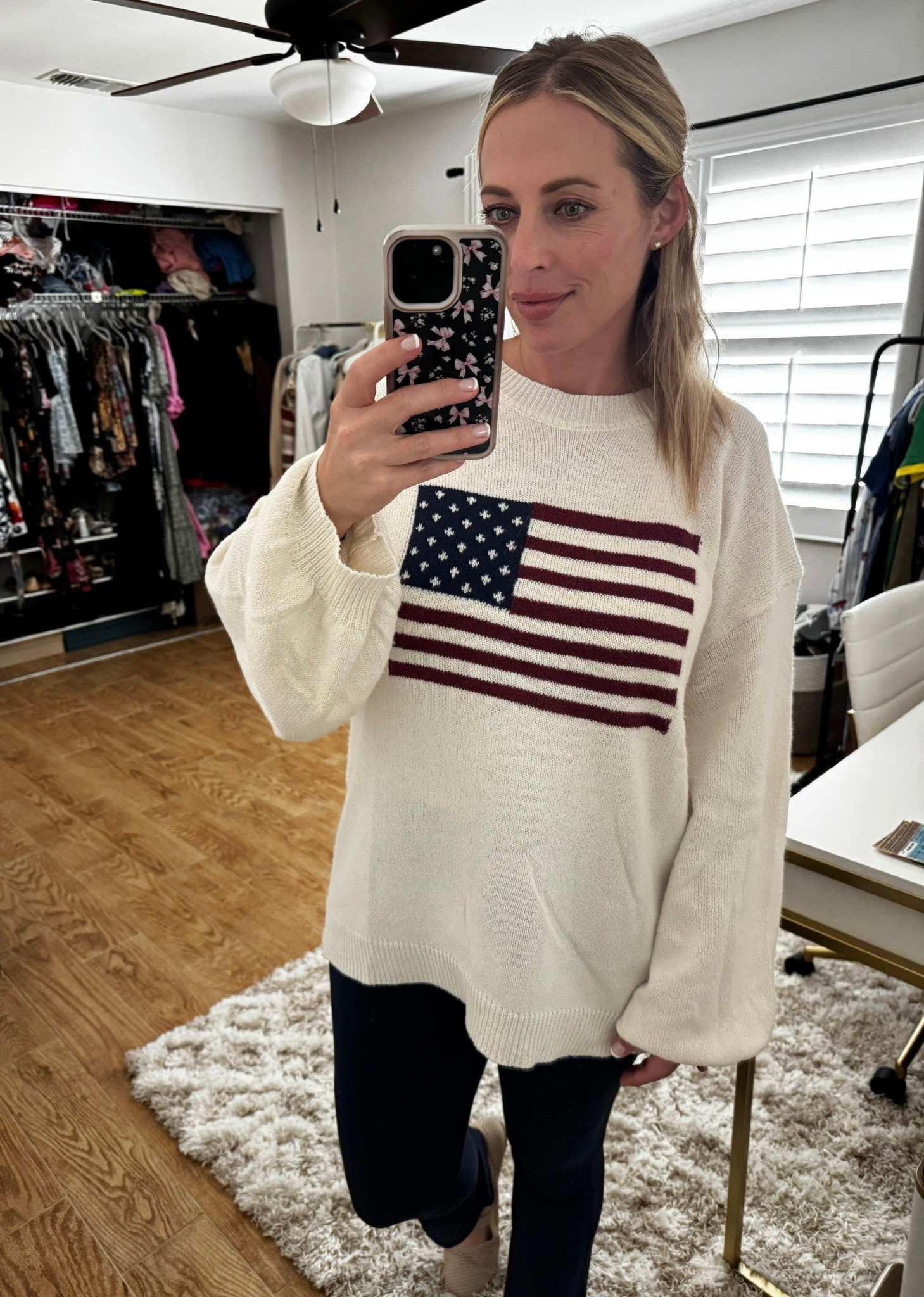 Flag sweater.
Ballet flats. Casual style at 11 weeks pregnant 

#LTKMidsize #LTKootd