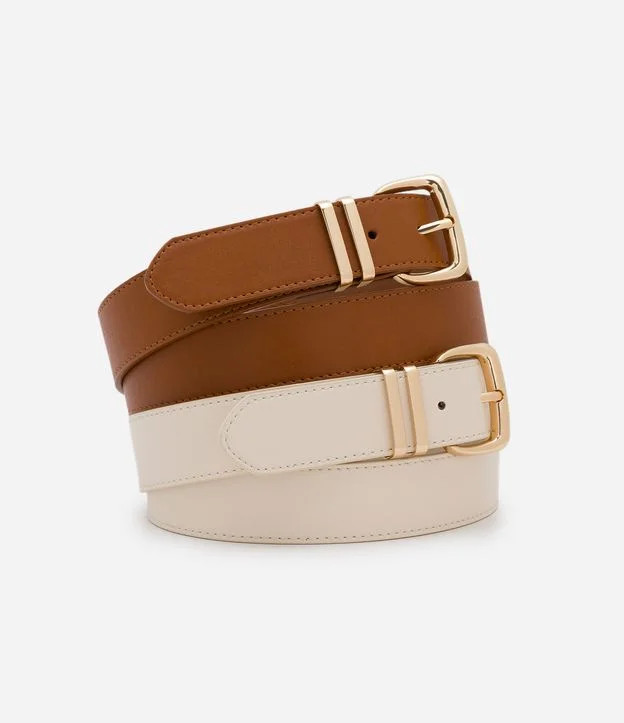 Kit 02 Cintos Médios em PU com Fivelas Quadradas Caramelo/Bege | Renner (BR)