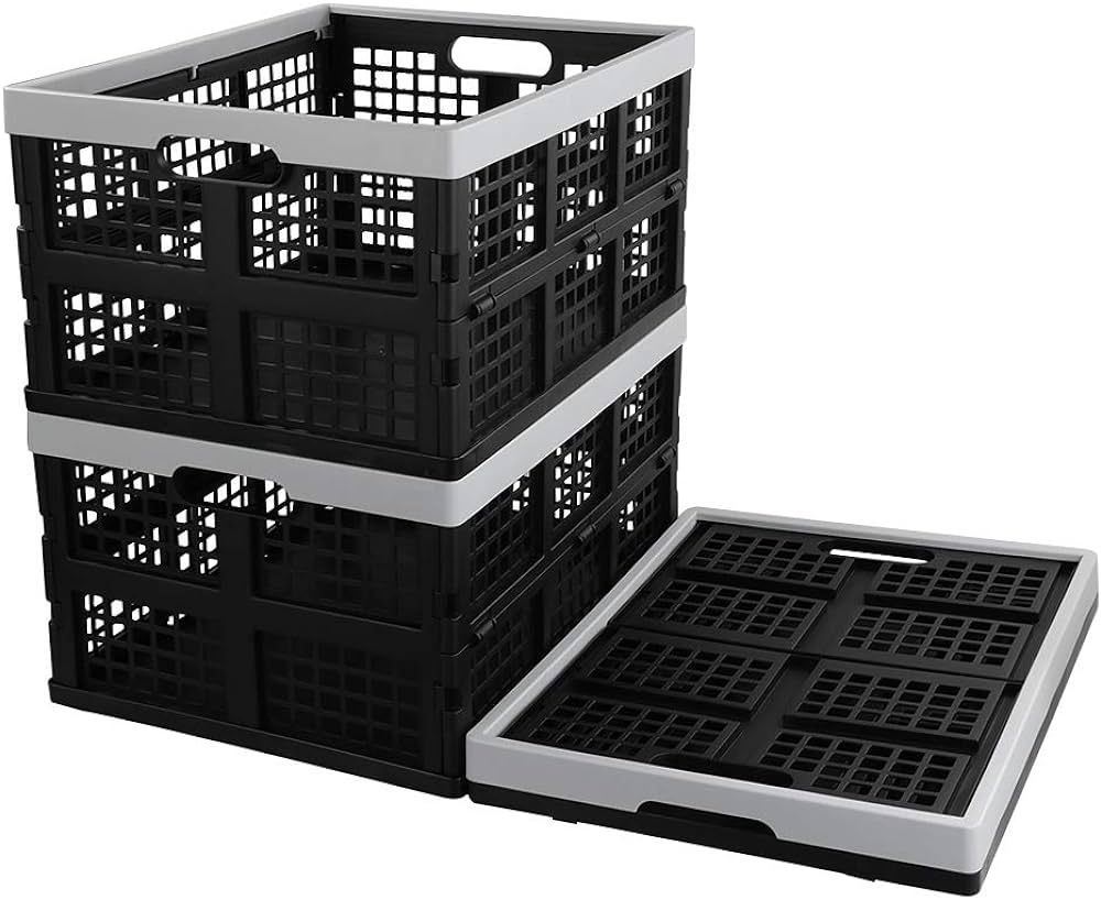 28 L Black Plastic Collapsible Storage Basket, 3-Pack Folding Crates Storage | Amazon (US)