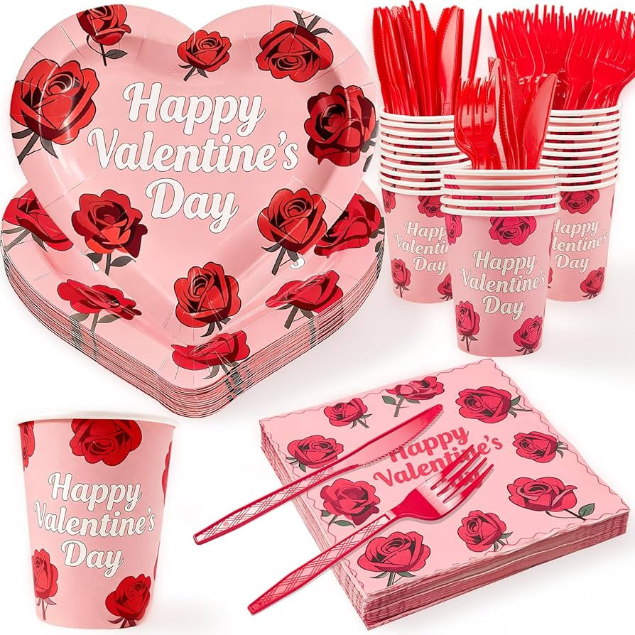 125PCS Valentine's Day Plates and Napkins Set, Rose Heart Disposable Paper Plates Napkins Cups Fo... | Amazon (US)