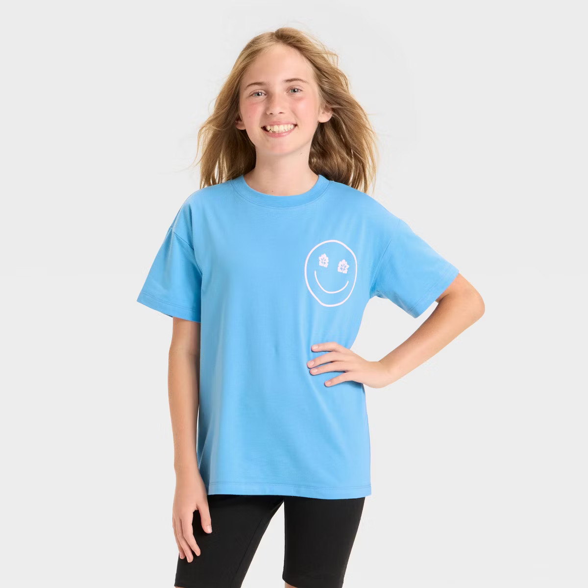 Girls' Short Sleeve Oversized Tulum Graphic T-Shirt - Cat & Jack™ Bright Blue | Target