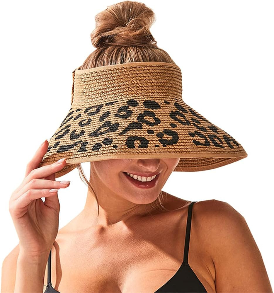 Swhledye Women Leopard Bow Sun Visors Wide Brim Straw Roll Up Ponytail Summer Beach Travel UV Hats | Amazon (US)
