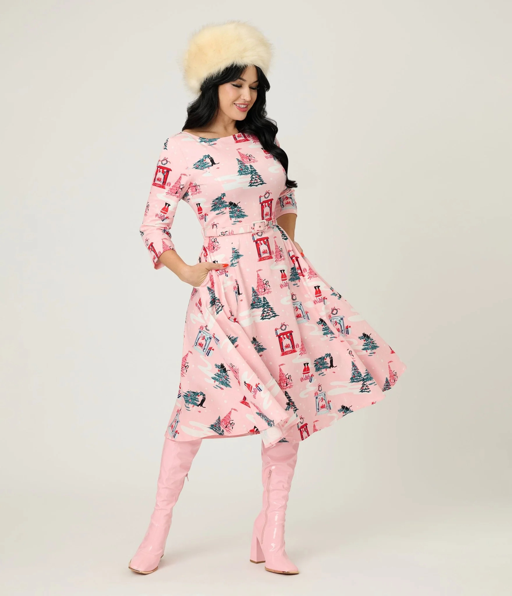 Royal Monk Pink Holiday Print Cotton Swing Dress | UniqueVintage