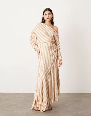 ASOS EDITION fallen shoulder maxi dress in stone stripe | ASOS (Global)