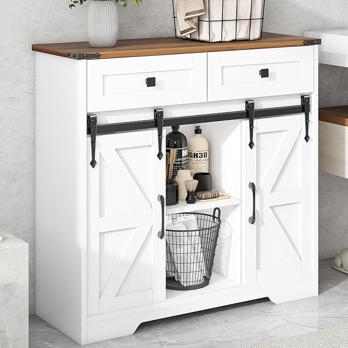 Vabches Bathroom Floor Cabinet, Farmhouse Storage Cabinet with Sliding Barn Door and Storage Draw... | Amazon (US)
