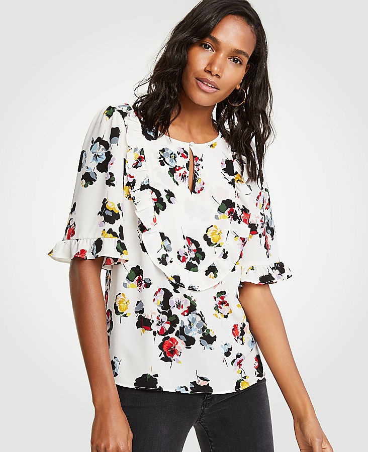 Winter Floral Ruffle Bib Flutter Top | Ann Taylor (US)