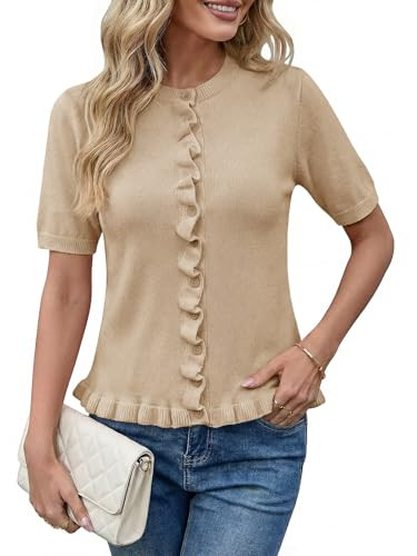 Saodimallsu Womens Ruffle Cardigan Puff Short Sleeve Cute Summer Button Down Lightweight Soft Kni... | Amazon (US)