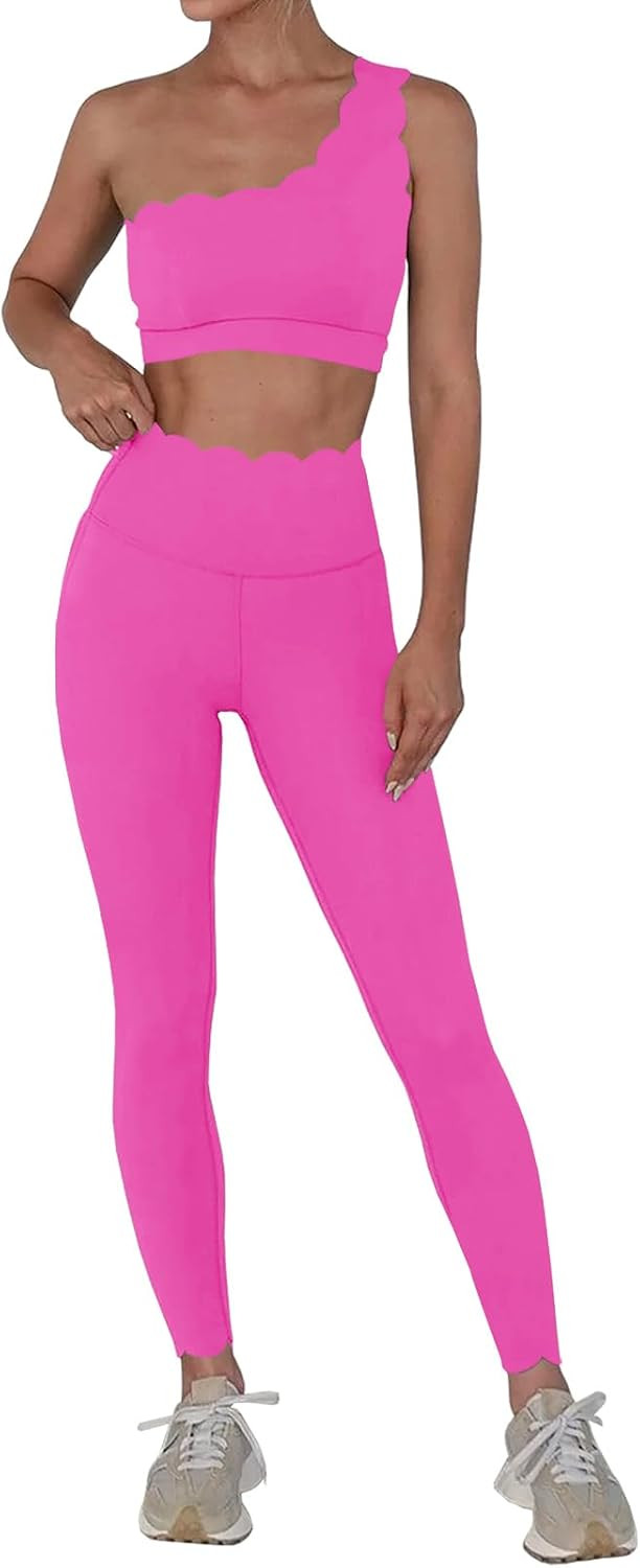 Fisoew Workout Sets for Women 2 Piece High Waisted Leggings with One Shoulder Stretchy Sports Bra Gym Tracksuits | Amazon (US)