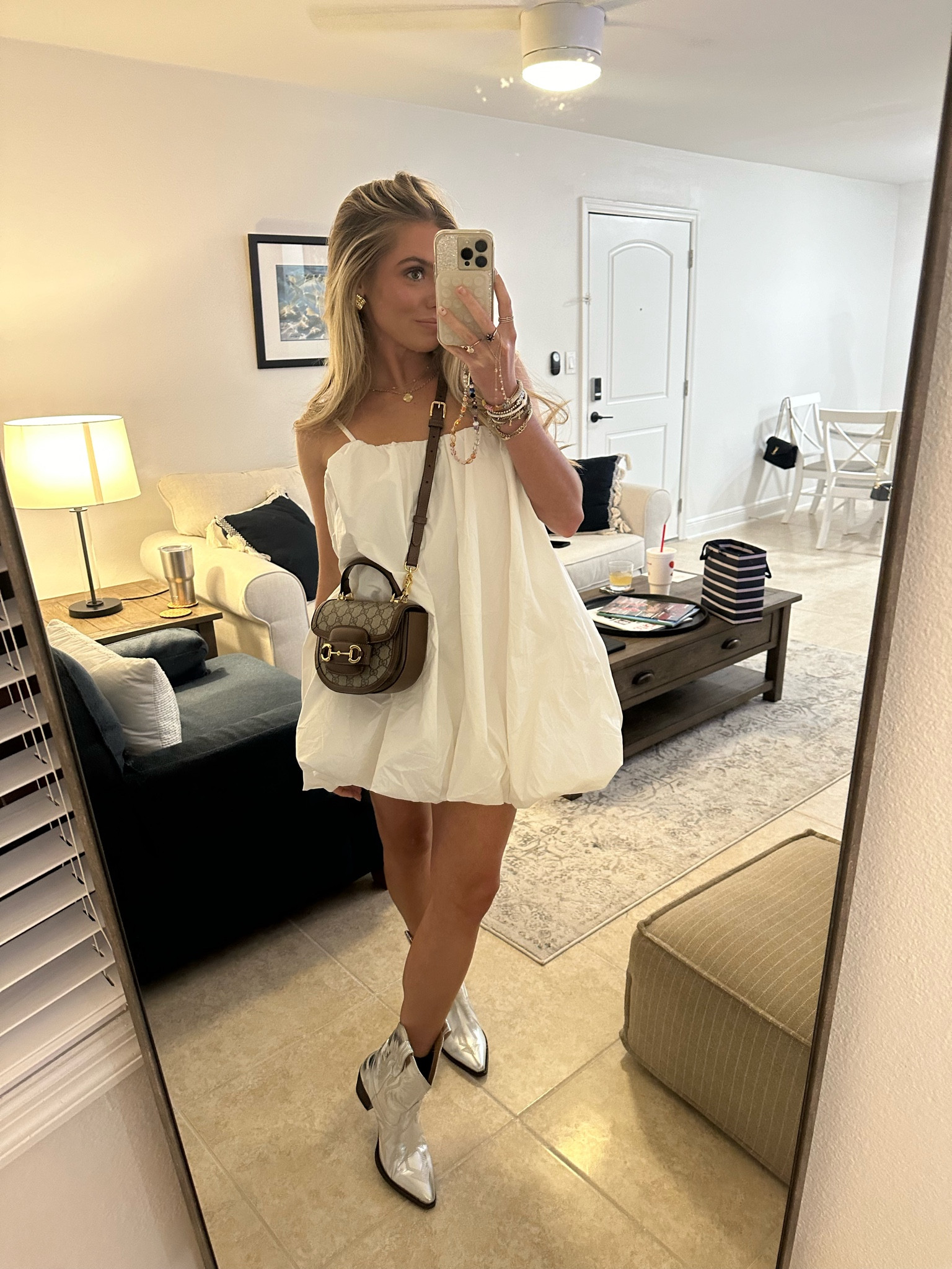 Showpo MARITES MINI DRESS - BUBBLE MINI DRESS IN WHITE. Amazon silver cowboy boots. Metallic Embroidered Cowgirl Boots For Women Pointed Toe Western Boots Chunky Heel Pull On Short Cowboy Boots Wide Calf Country Ankle Booties. Gucci bag. Game day outfit  

#LTKStyleTip #LTKShoeCrush #LTKItBag
