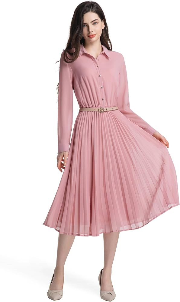 Business Casual Shirt Dress for Women Long Sleeves Pleated Midi Dresses with Belt | Amazon (US)