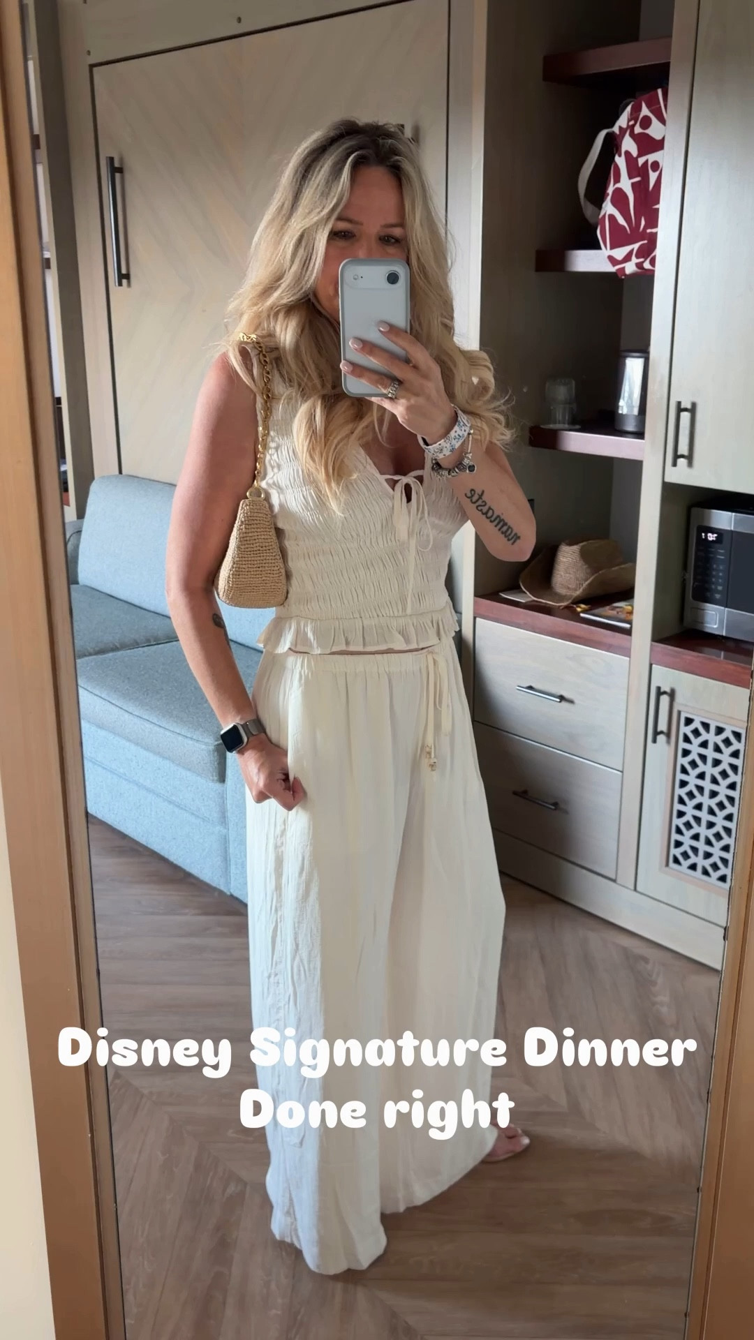 Topolino’s Terrace dinner 🍷✨

Disney signature dining but make it effortless 😏

Wearing the Abercrombie smocked tie top + matching crinkle textured pants (both XS) — such an easy, put-together set that still feels comfortable.

Paired with my Monday Swim Siracusa bag and Amazon kitten heel sandals to elevate it just enough.

Perfect for a night at the Riviera 🤍

Everything linked in my LTK.


#LTKStyle #DisneyStyle #TopolinosTerrace #DinnerOutfit #AbercrombieStyle #LTKFinds

#LTKOver40 #LTKTravel #LTKdayinmylife