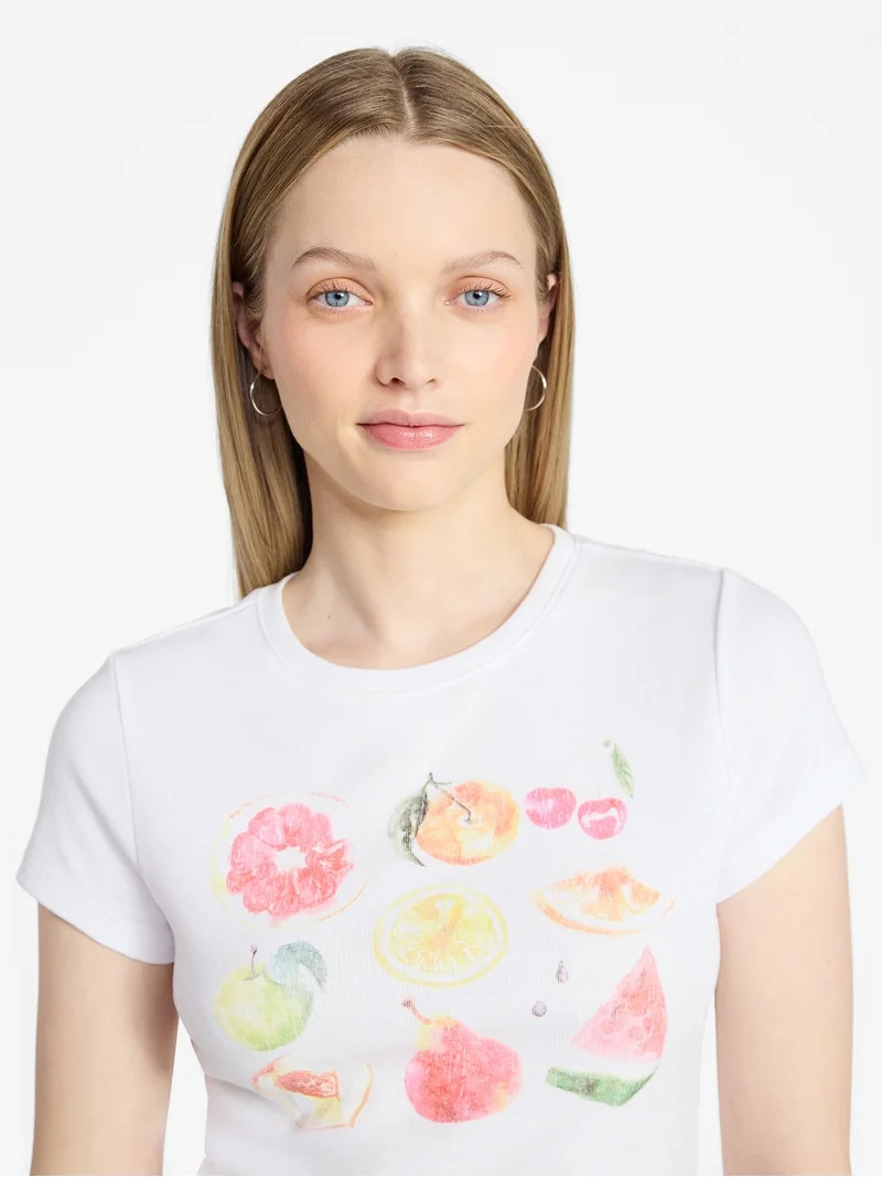 No Boundaries Ribbed Cotton Graphic Baby Tee with Short Sleeves, Women's XXS-XXL | Walmart (US)