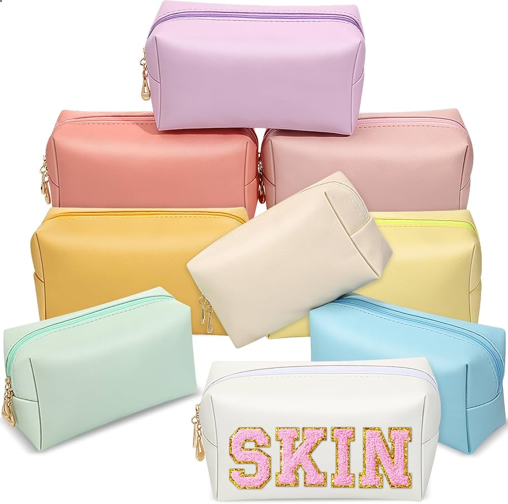 Sanwuta 9 Pcs Preppy Makeup Bag PU Leather Cosmetic Bag Makeup Pouch Plain Waterproof Toiletry Or... | Amazon (US)