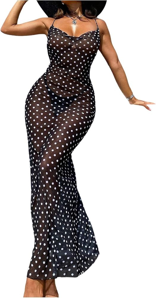 GORGLITTER Women's Polka Dots Mesh Dress Cover Up Sexy Maxi Dress Spaghetti Strap Cowl Neck Bathi... | Amazon (US)