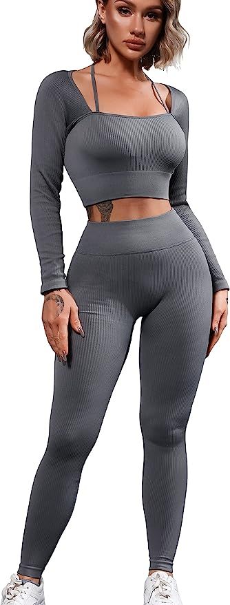 QINSEN 2 Piece Exercise Yoga Outfit for Women Square Neck Crop Tops High Waist Legging Workout Se... | Amazon (US)