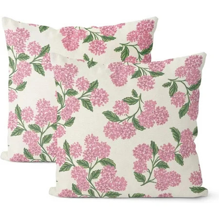 Preppy Pink Spring Pillow Covers 18x18 Inch 2 Pcs Green Hydrangea Flower Decor Throw Pillows Vintage Floral Seasonal Summer Outdoor Decoration Pillowcase Linen Cushion Cover for Couch Sofa | Walmart (US)