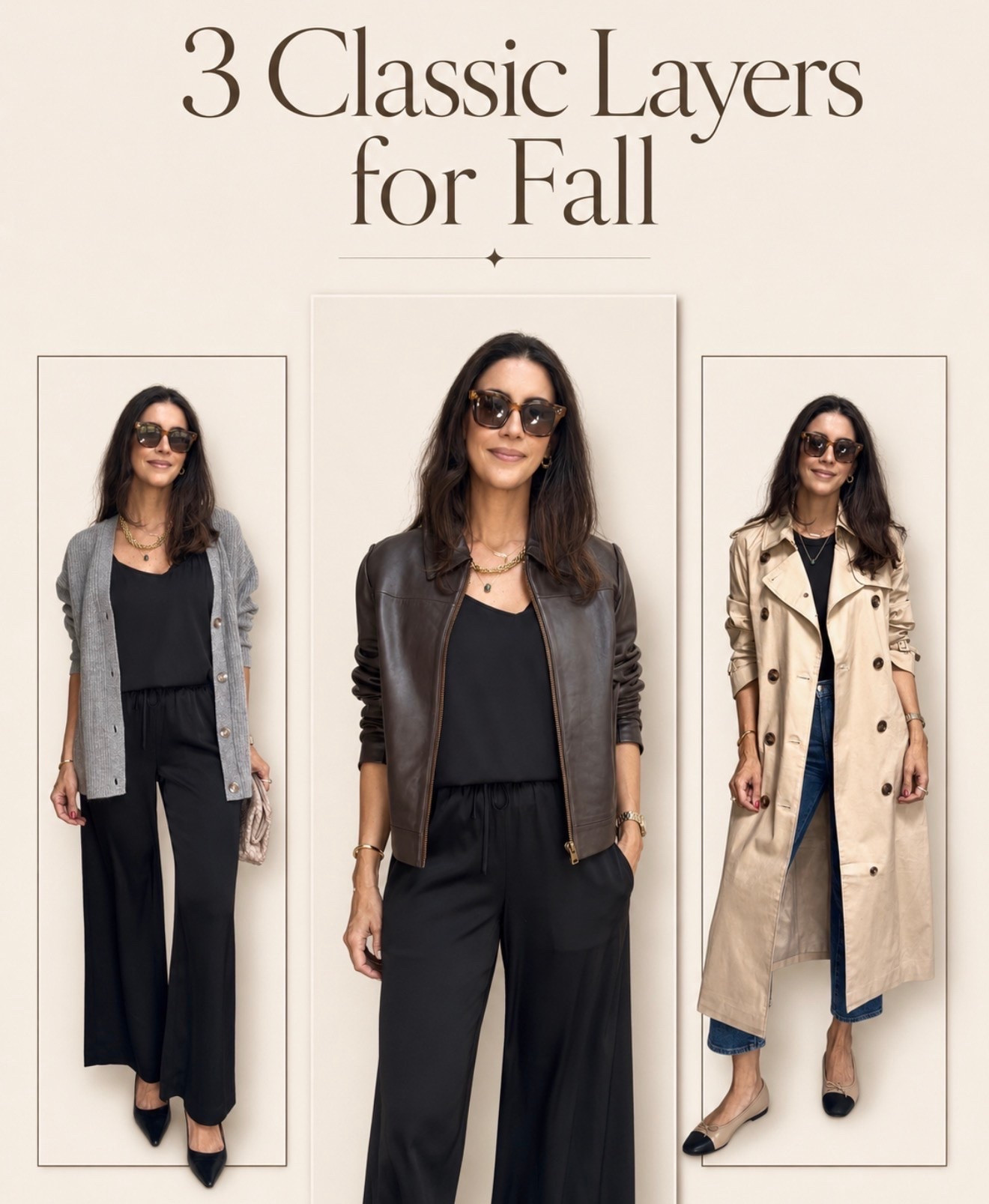 Classic layers for Fall.
3 classic layers to wear this Fall
Oversized cardigan - I’m wearing a size Small
Leather Jacket - I’m wearing a size medium
Trench coat - I’m wearing a size small

@quince #quincepartner

#LTKSeasonal #LTKOver40 #LTKootd