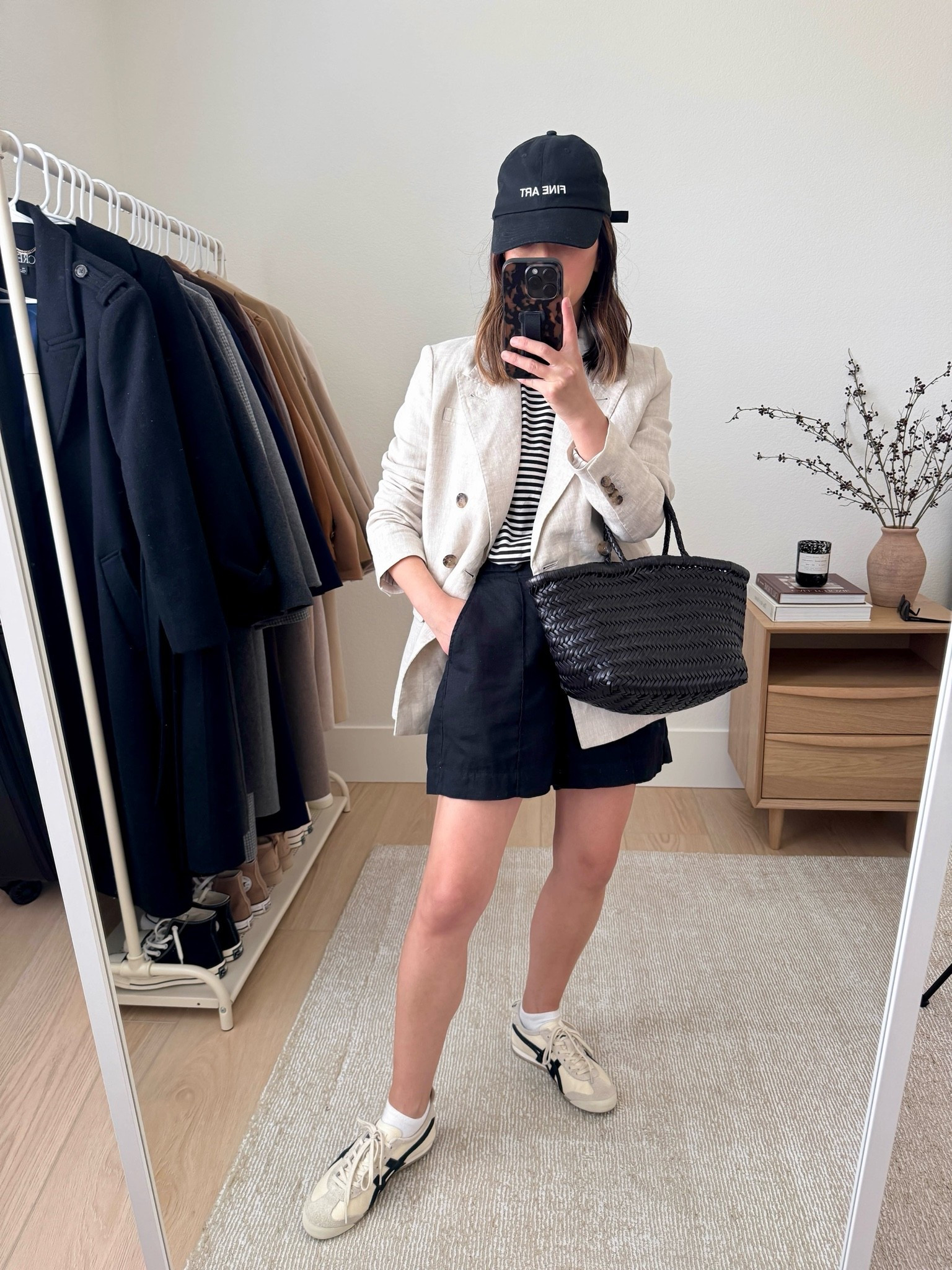 European travel capsule outfit. This is for more of spring time, but you can take bits and pieces out if you go in the summer. 

Banana Republic linen blazer petite 4 (old, linked similar)
Everlane tee medium (old)
Madewell shorts 0
Onitsuka Tiger sneakers 4 mens. Run big
Fine Art hat (old)
Dragon Diffusion Triple Jump small

#LTKPetite #LTKootd #LTKTravel