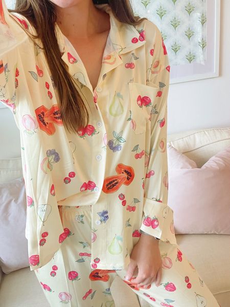 Under $40 Djerf Avenue inspired fruit print pajamas from Amazon 🍑🫐 Obsessed!!! Wearing a size S and they have a slightly oversized fit. Elastic waist band that gives some stretch. Material is very soft and comfortable but warning, they had that smell that occassionally comes with Amazon clothes when you open the package!!

#LTKxPrime #LTKHoliday

#LTKU