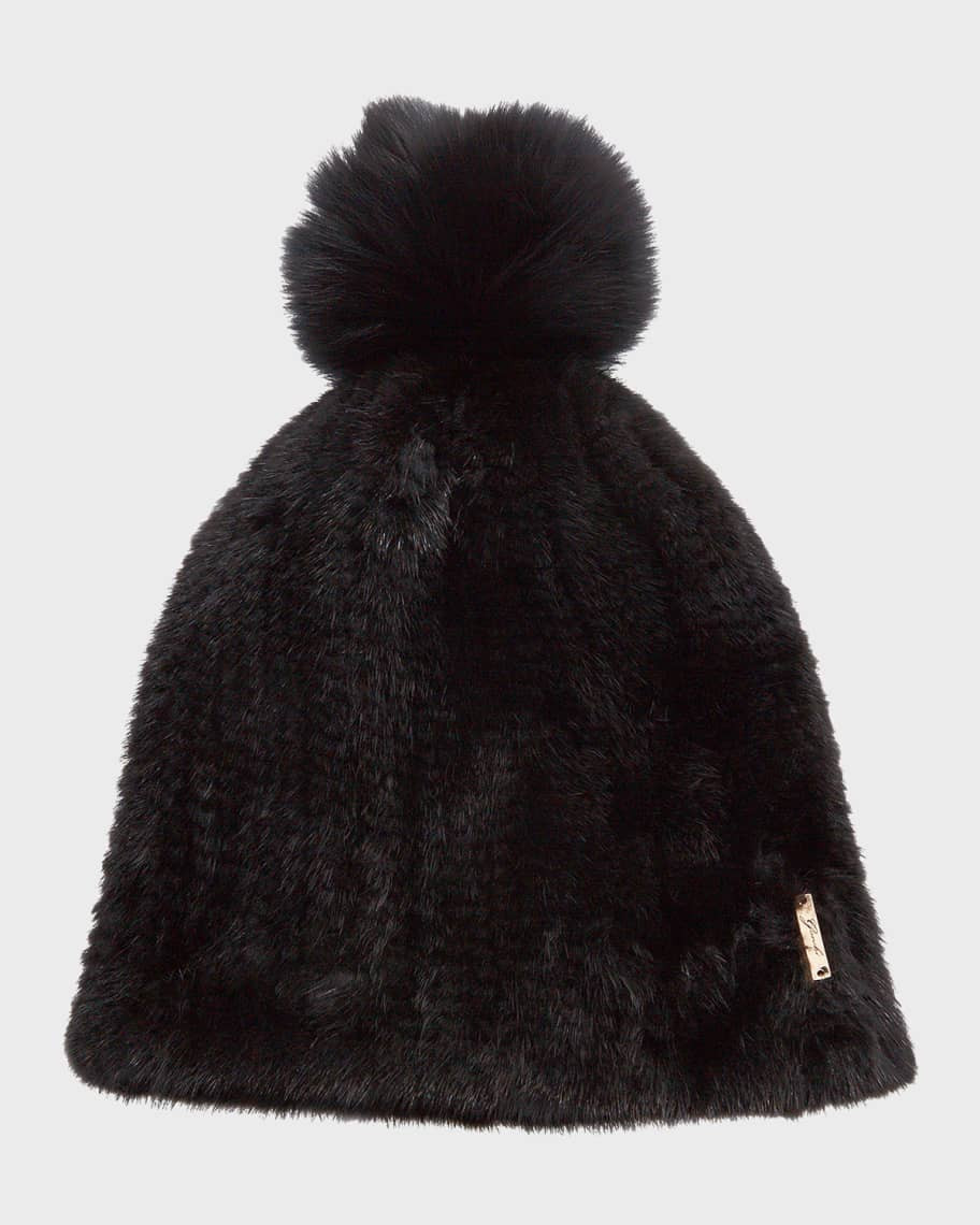 Gorski Knit Mink Fur Beanie Hat w/ Fox Fur Pompom | Neiman Marcus
