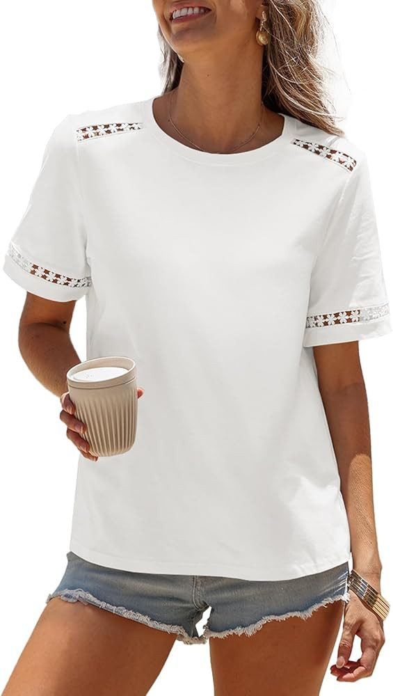 BLENCOT Womens Shirts Short Sleeve Business Tunic Summer Tops Spring Fashion Loose Eyelet Knitted... | Amazon (US)