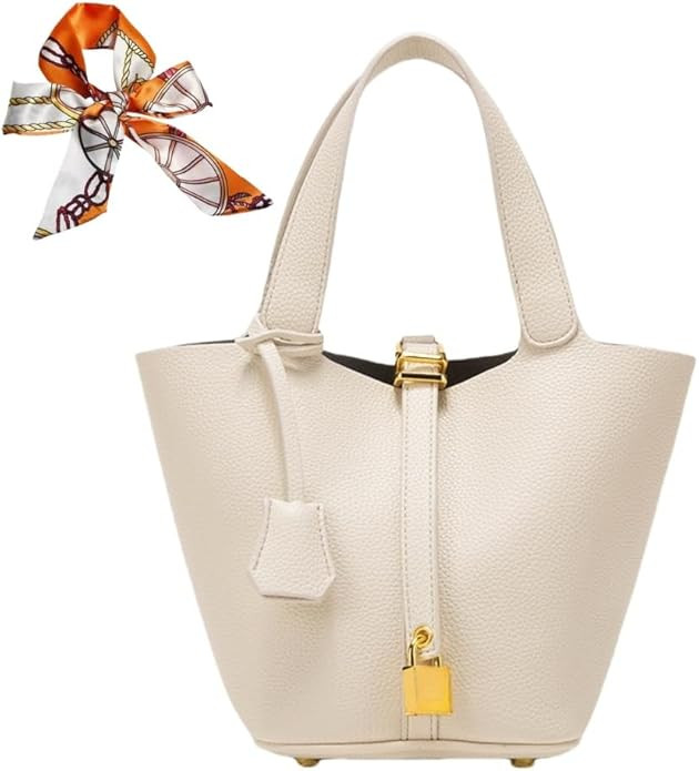 Women's Leather Tote Bag: Fashionable Lock Design Solid Color Bucket Bag Mini Handbag Wallet Hand... | Amazon (US)