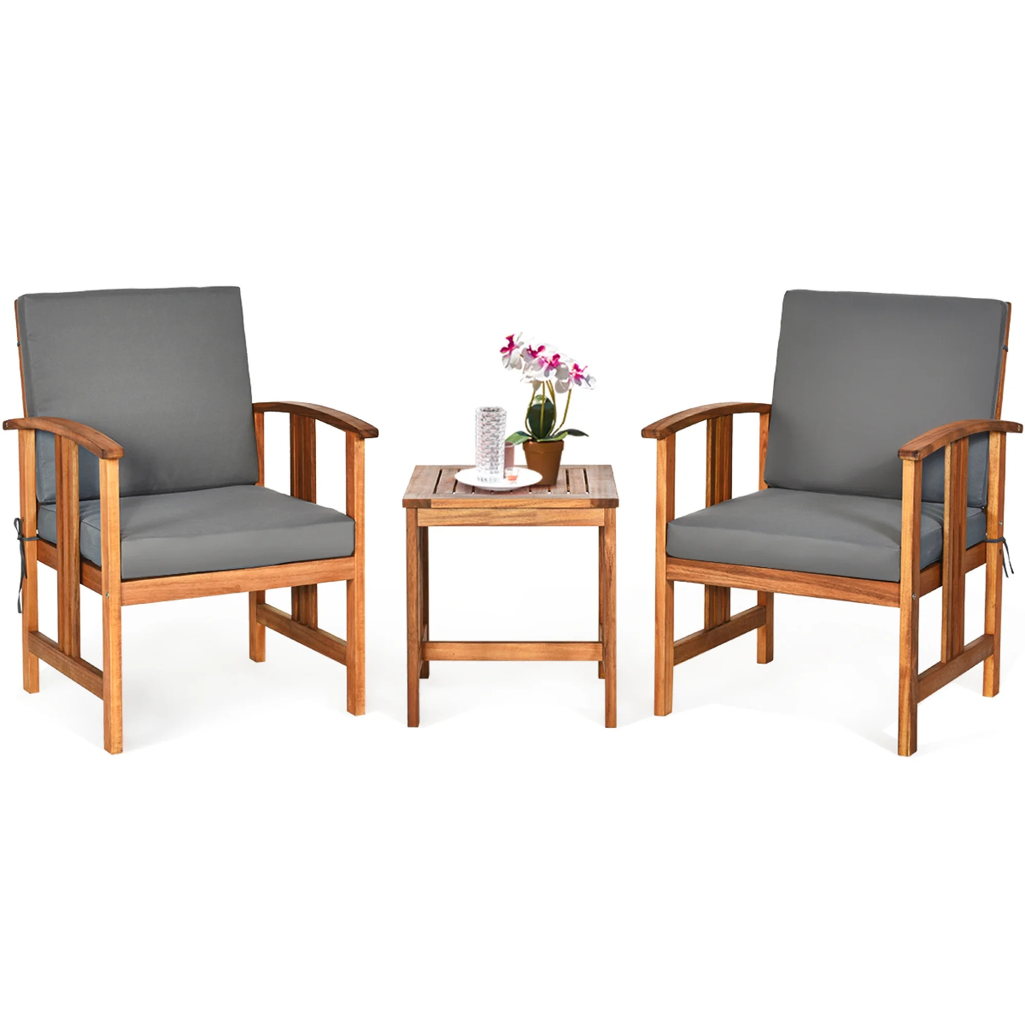 Costway 3PCS  Solid Wood  Patio  Furniture Set Table&Chairs Grey Cushion | Walmart (US)