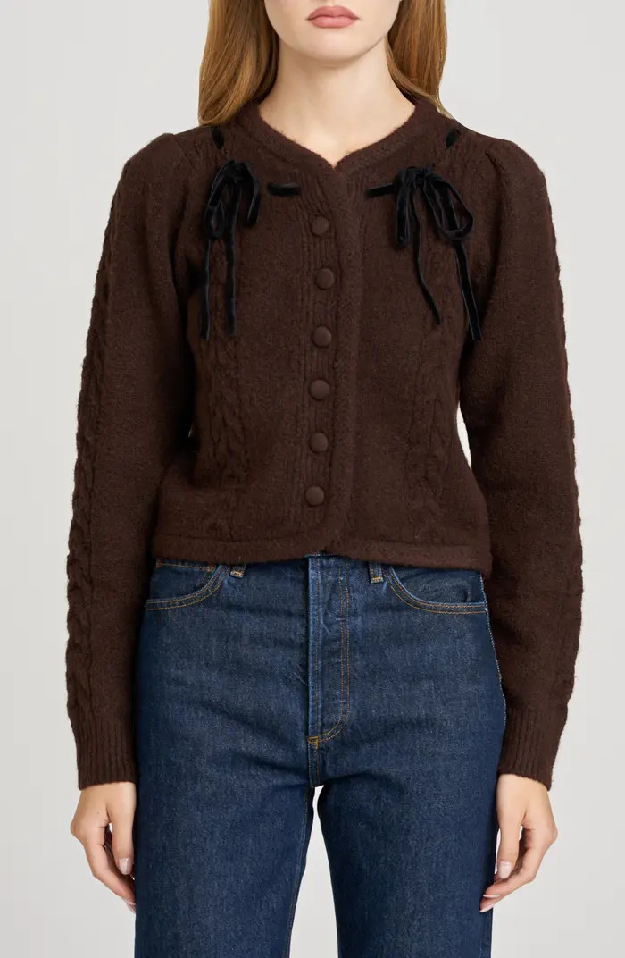 WAYF x Sara Walker Jackie Velvet Bow Cable Stitch Cardigan | Nordstrom | Nordstrom