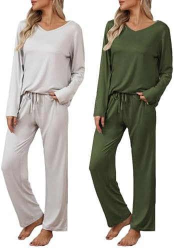 Ekouaer Womens 2 Pack Pajama Set Long Sleeve Pajamas Top and Pants V Neck Pjs Set Soft Loungewear... | Amazon (US)