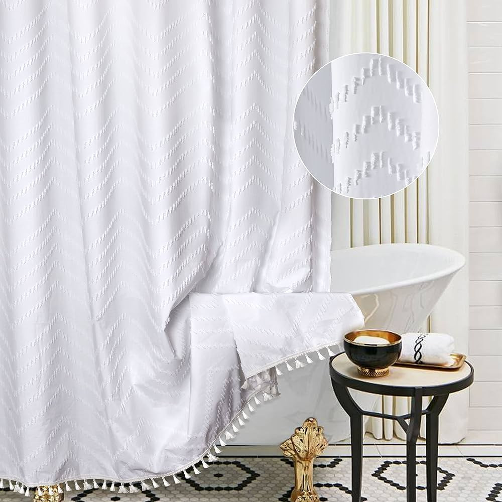 Siiluminisoy Extra Long White Boho Shower Curtain with Tassel, Woven Fabric 84 in Shower Curtain,... | Amazon (US)