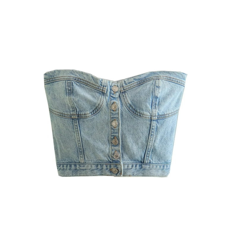 Nituyy Women Denim Crop Top Vest Chic Backless Off Shoulder Strapless Corset Tube Top Sexy Button... | Walmart (US)