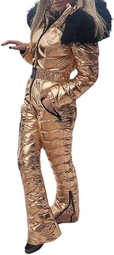 Women Winter Onesies Ski Jumpsuit Outdoor Sports Snowsuit Fur Collar Coat Jumpsuit with Hoodies R... | Amazon (US)