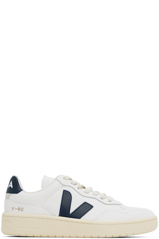 White & Navy V-90 Leather Sneakers | SSENSE
