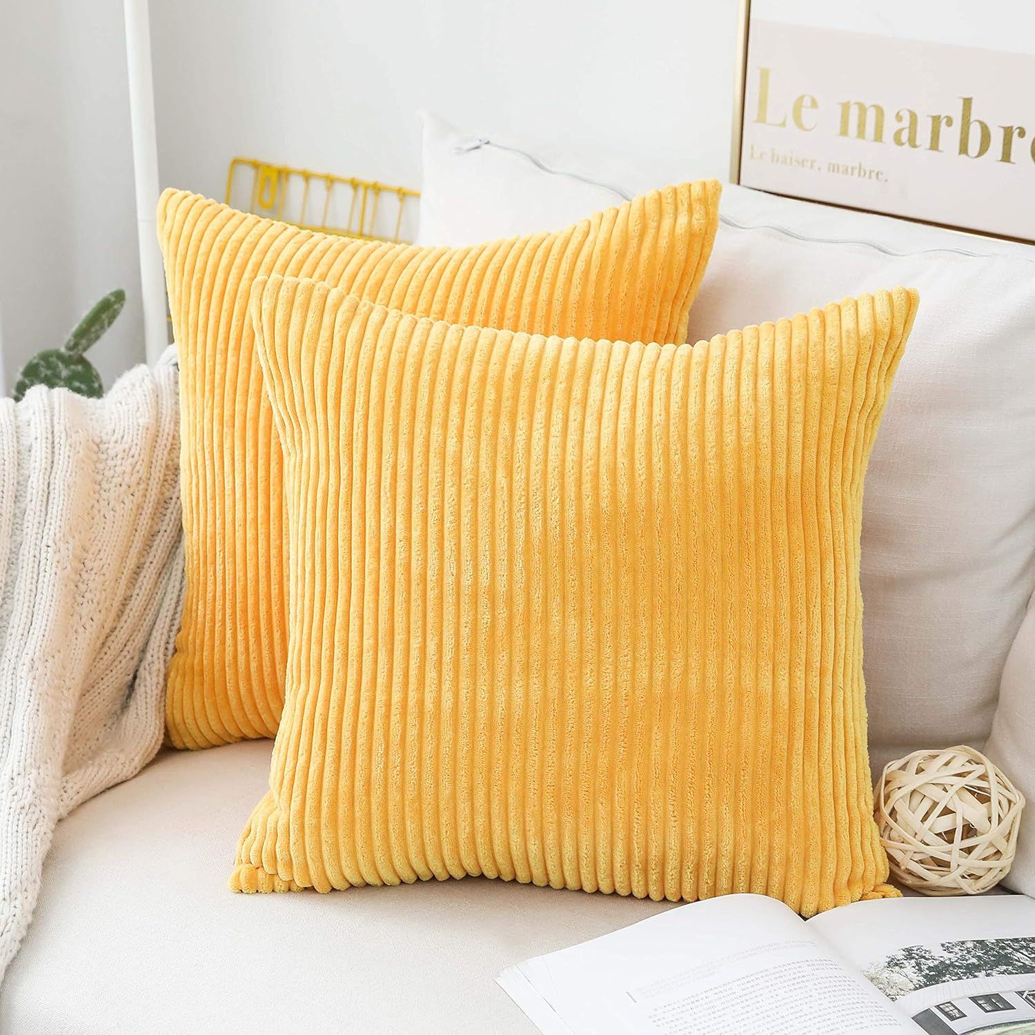 Home Brilliant Pillow Covers Super Soft Decorative Striped Corduroy Velvet Square Mustard Throw P... | Amazon (US)