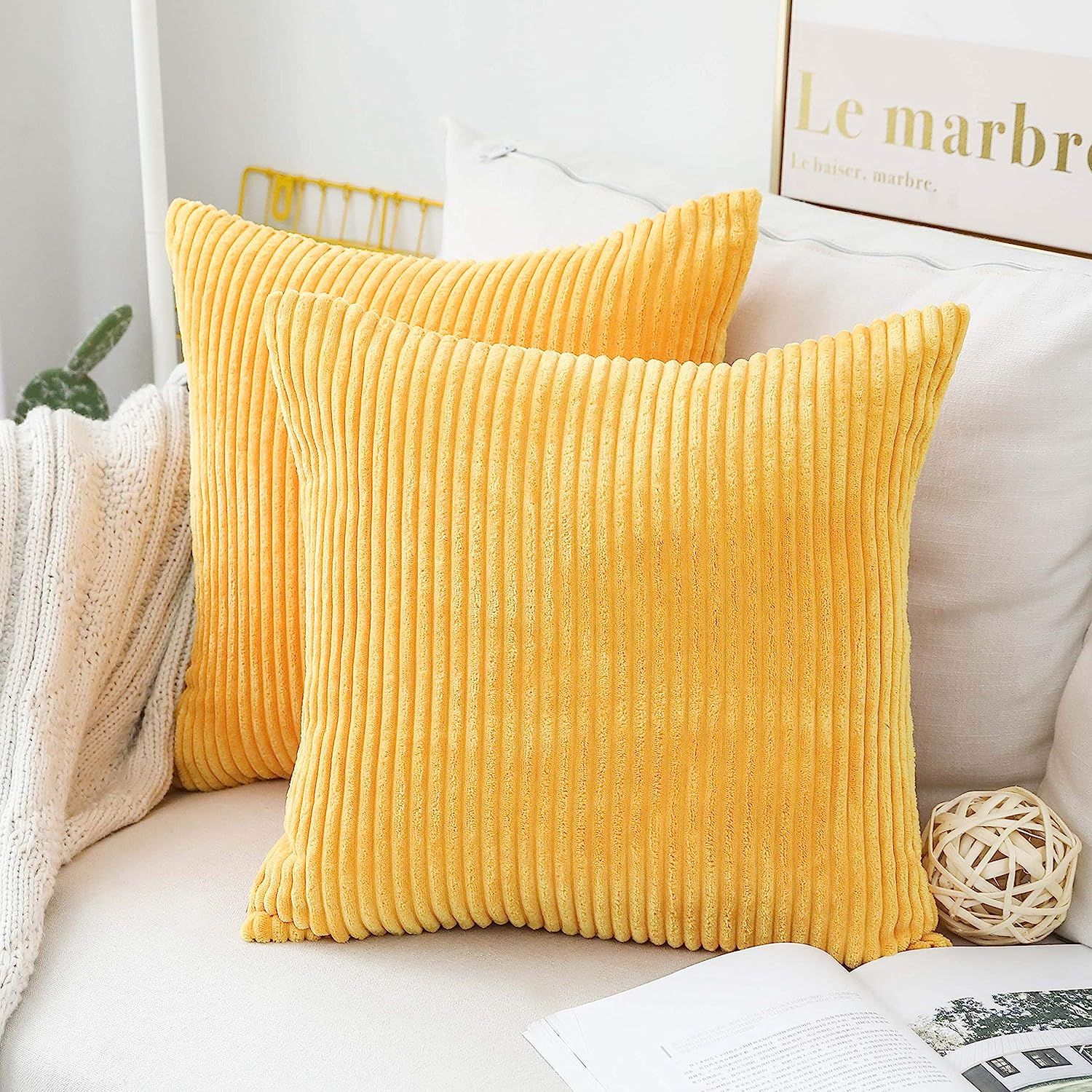 Home Brilliant Pillow Covers Super Soft Decorative Striped Corduroy Velvet Square Mustard Throw P... | Amazon (US)