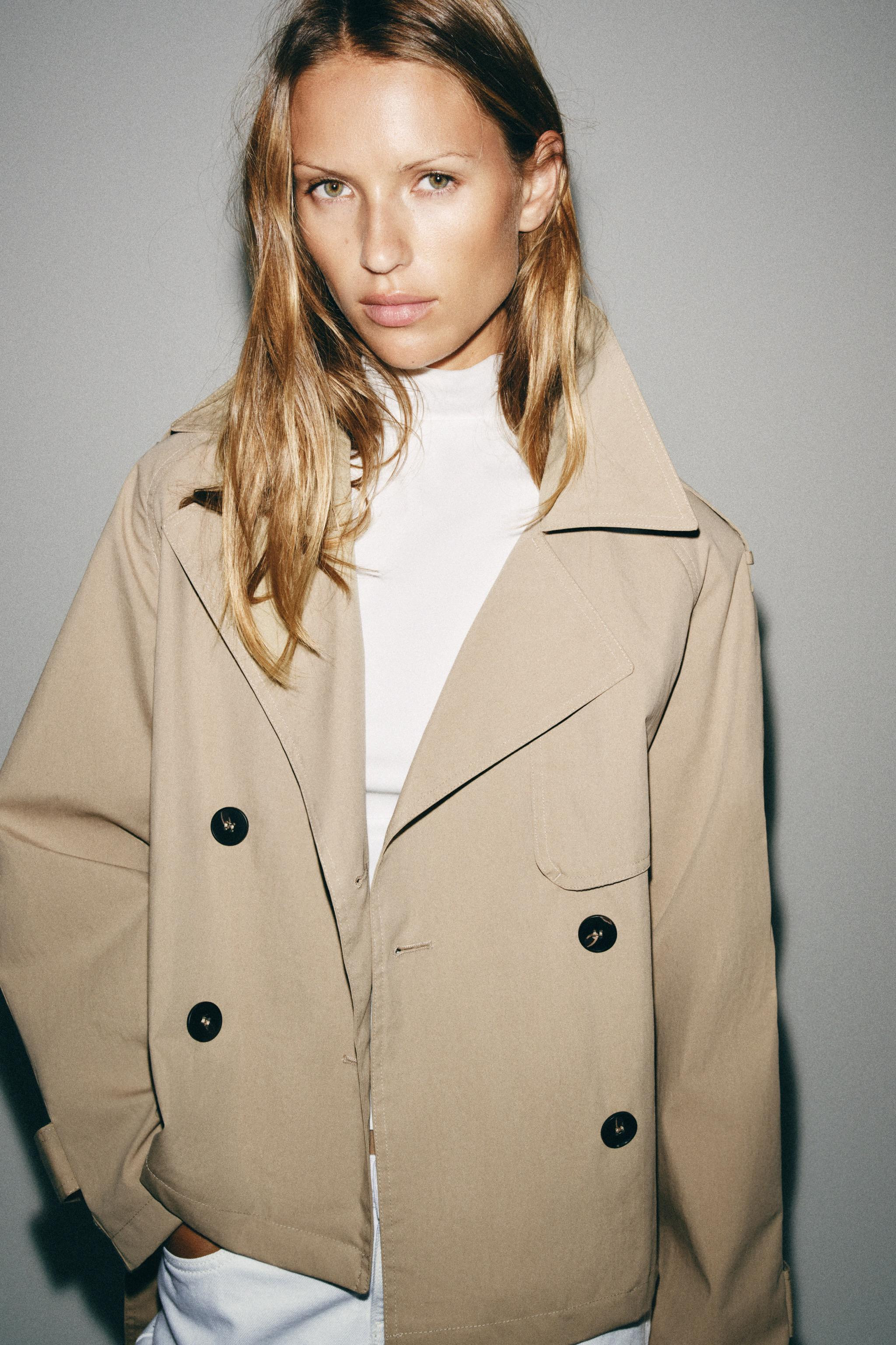 SHORT TRENCH JACKET WITH SHOULDER PADS AND BELT | Zara US