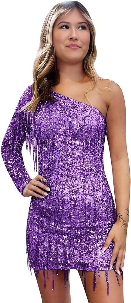 One Shoulder Sequin Homecoming Dresses for Teens Sparkly Short Prom Dresses with Tassel Long Slee... | Amazon (US)