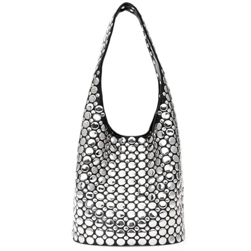 Women's Studded Y2k Hobo Bag 90s Punk Crescent Shoulder Purse Soft PU Leather Tote Handbag Black | Amazon (US)