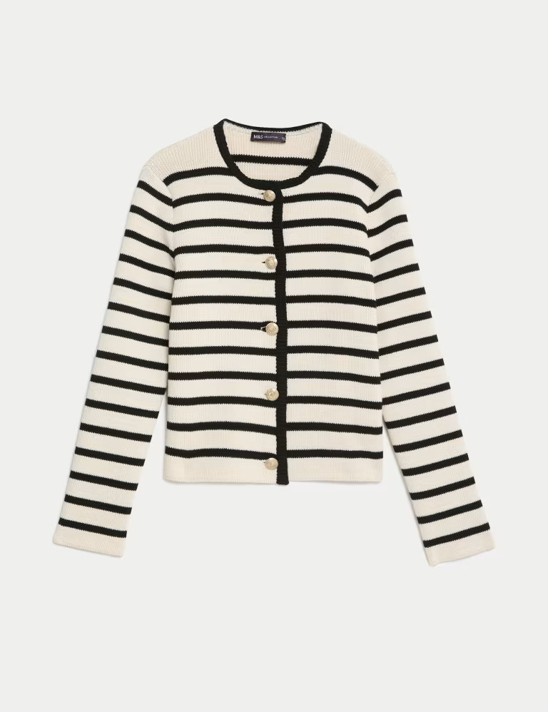 Cotton Rich Striped Crew Neck Cardigan | Marks & Spencer (UK)