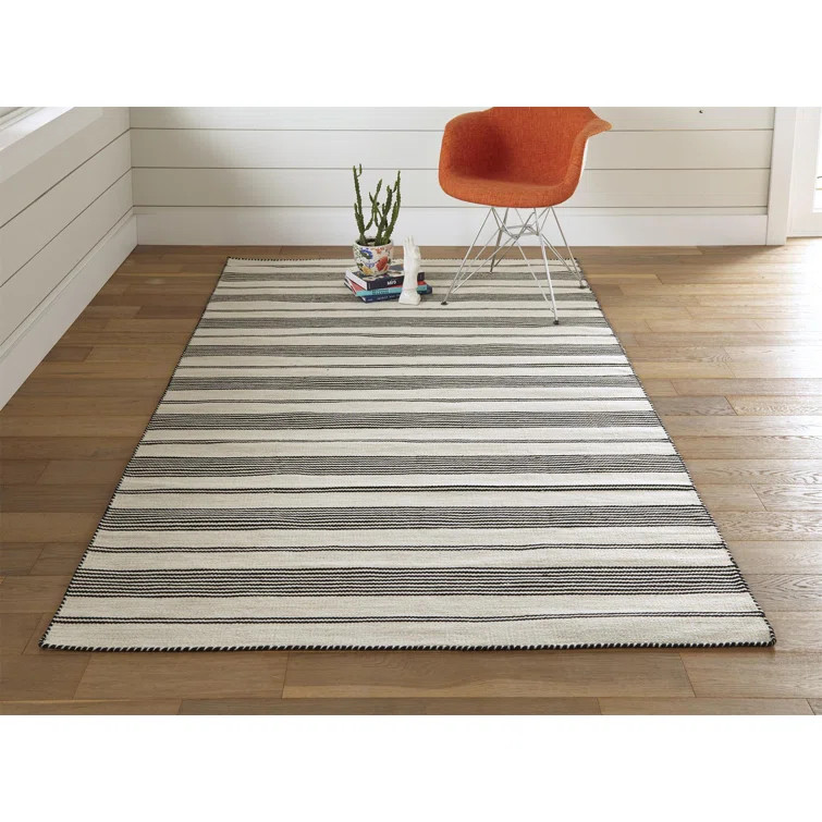 Leontes Striped Handmade Dhurrie Indoor / Outdoor Area Rug in Black/White | Wayfair North America
