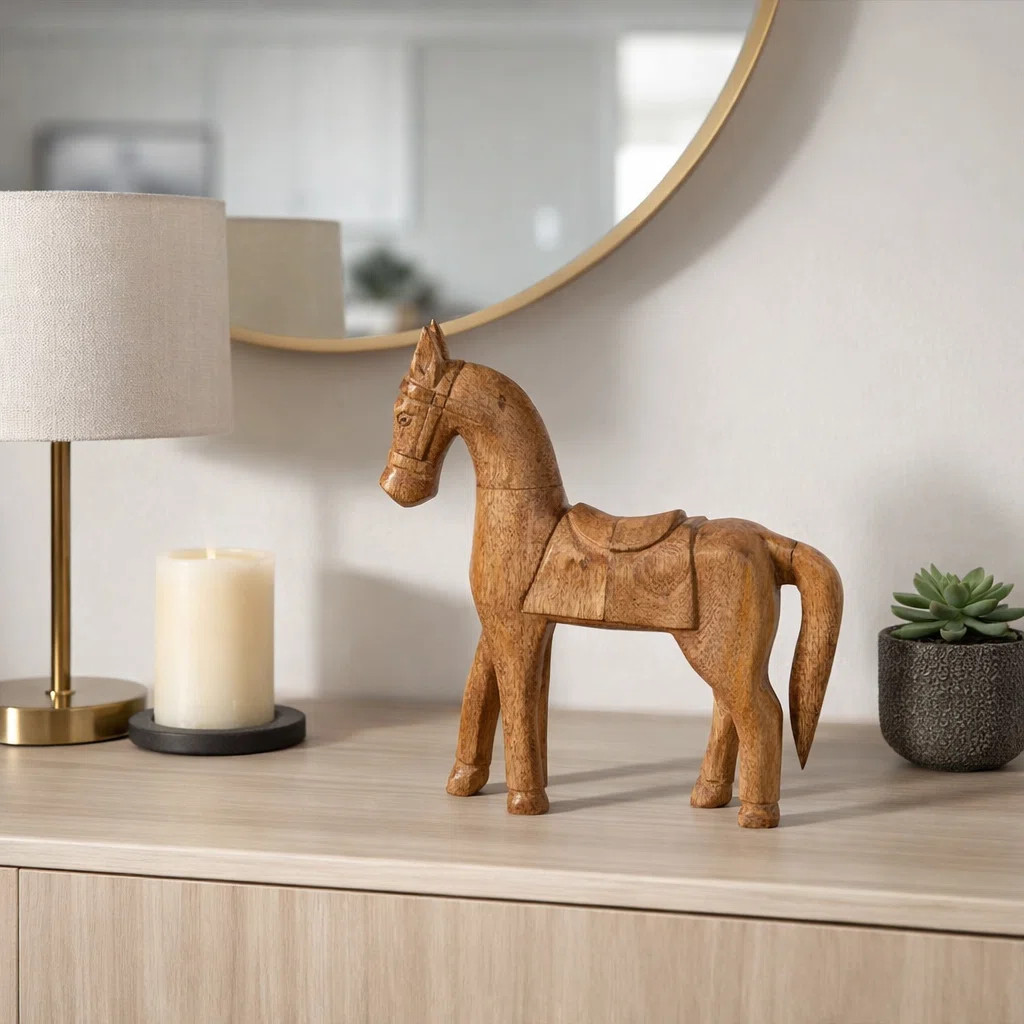Millwood Pines Mango Wood 13" Natural Standing Horse Figurine With Saddle, Exquisite Home Decor A... | Wayfair North America