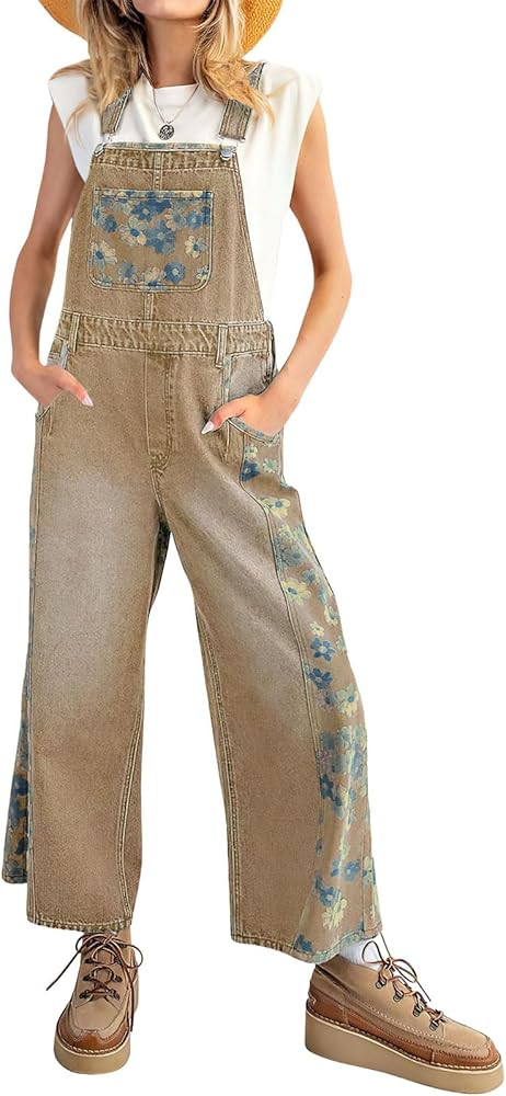 ebossy Women's Casual Y2k Floral Print Denim Jumpsuits Adjustable Straps Wide Leg Bib Overall Jea... | Amazon (US)