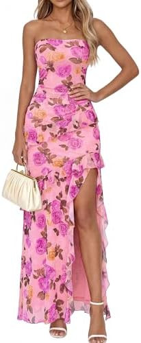 BTFBM Off The Shoulder Dresses for Women Summer 2026 Strapless Ruffle Slit Formal Wedding Guest D... | Amazon (US)