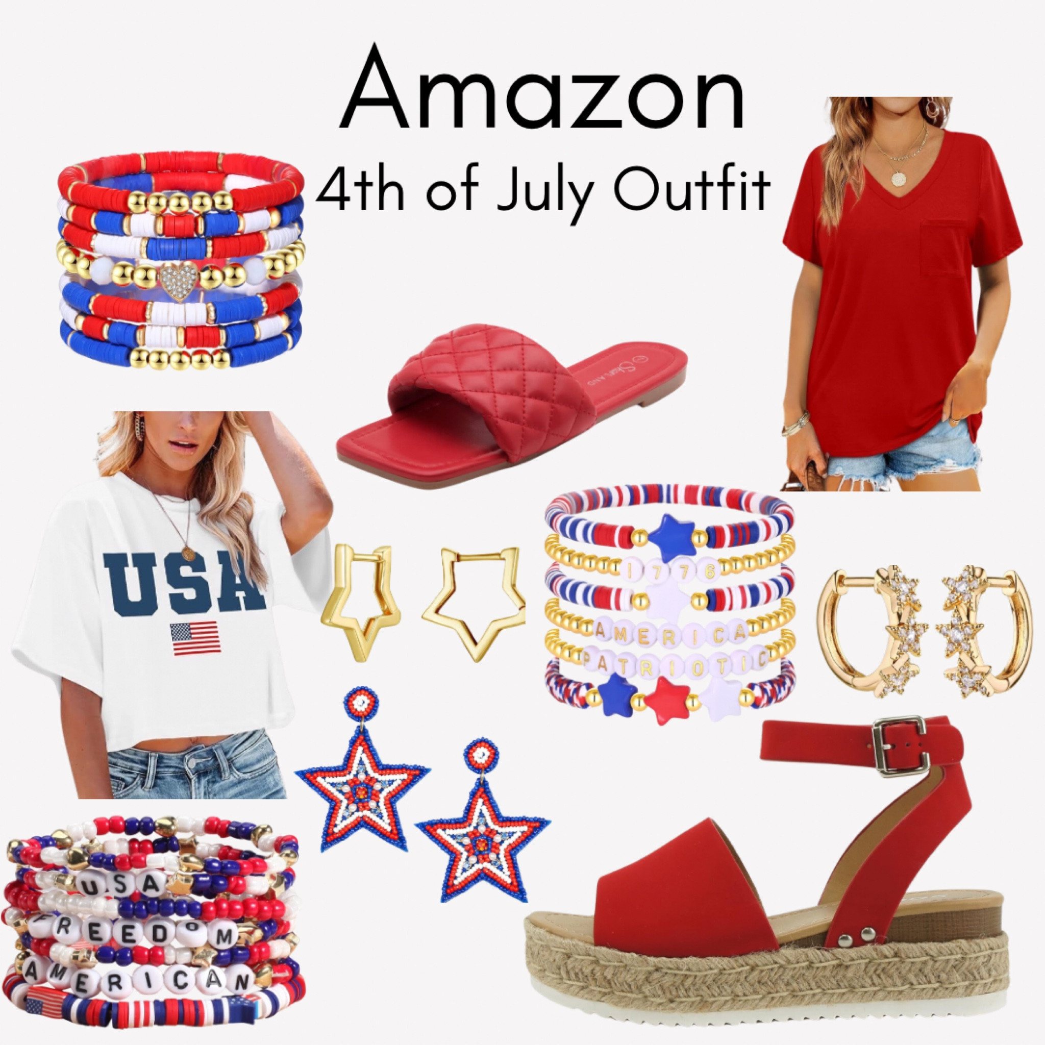 4th of July outfit inspiration from Amazon! Stackable bracelets, sandals, graphic tee, star earrings 
#4thofjuly #summeroutfit #Amazonfashion #summersandals #outfitinspiration

#LTKShoeCrush #LTKFindsUnder50 #LTKOver40