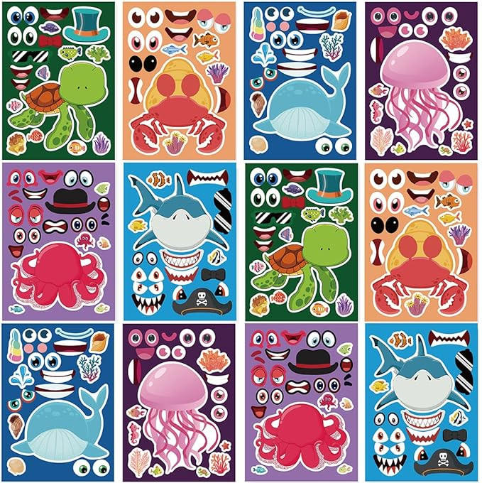 24 Sheets 8.27''×5.9'' Make Your Own Sea Animals Stickers for Kids Toddlers, Make a Face Sticker... | Amazon (US)