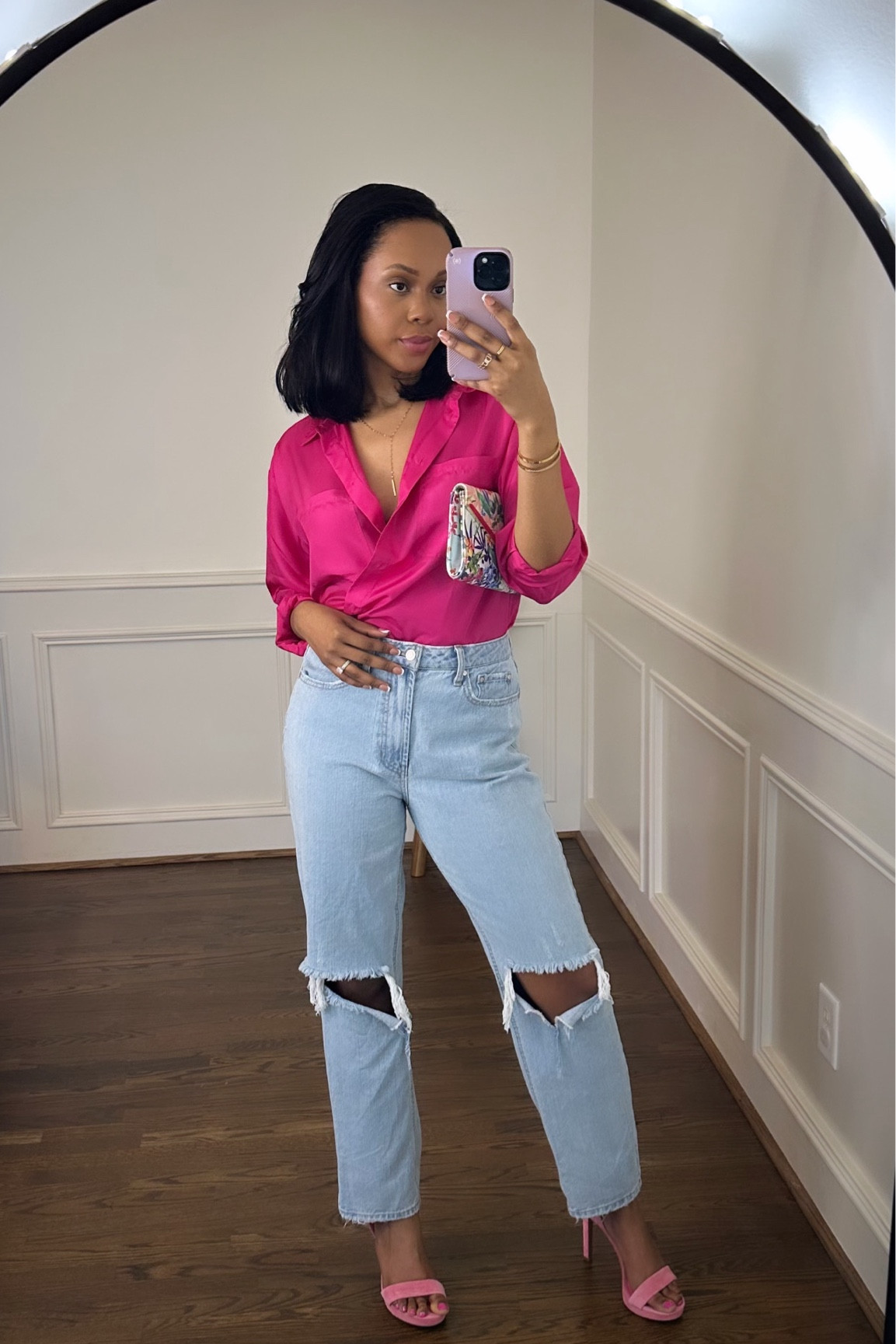 Spring outfit inspo 🌸💕 Pink button down top is from Sezane, I’m wearing a size 8 for an oversized look. I paired them with some straight leg, light wash denim ripped jeans from Macys. I’ve linked some similar ones below. 

#LTKfindsunder100 #LTKstyletip #LTKSeasonal